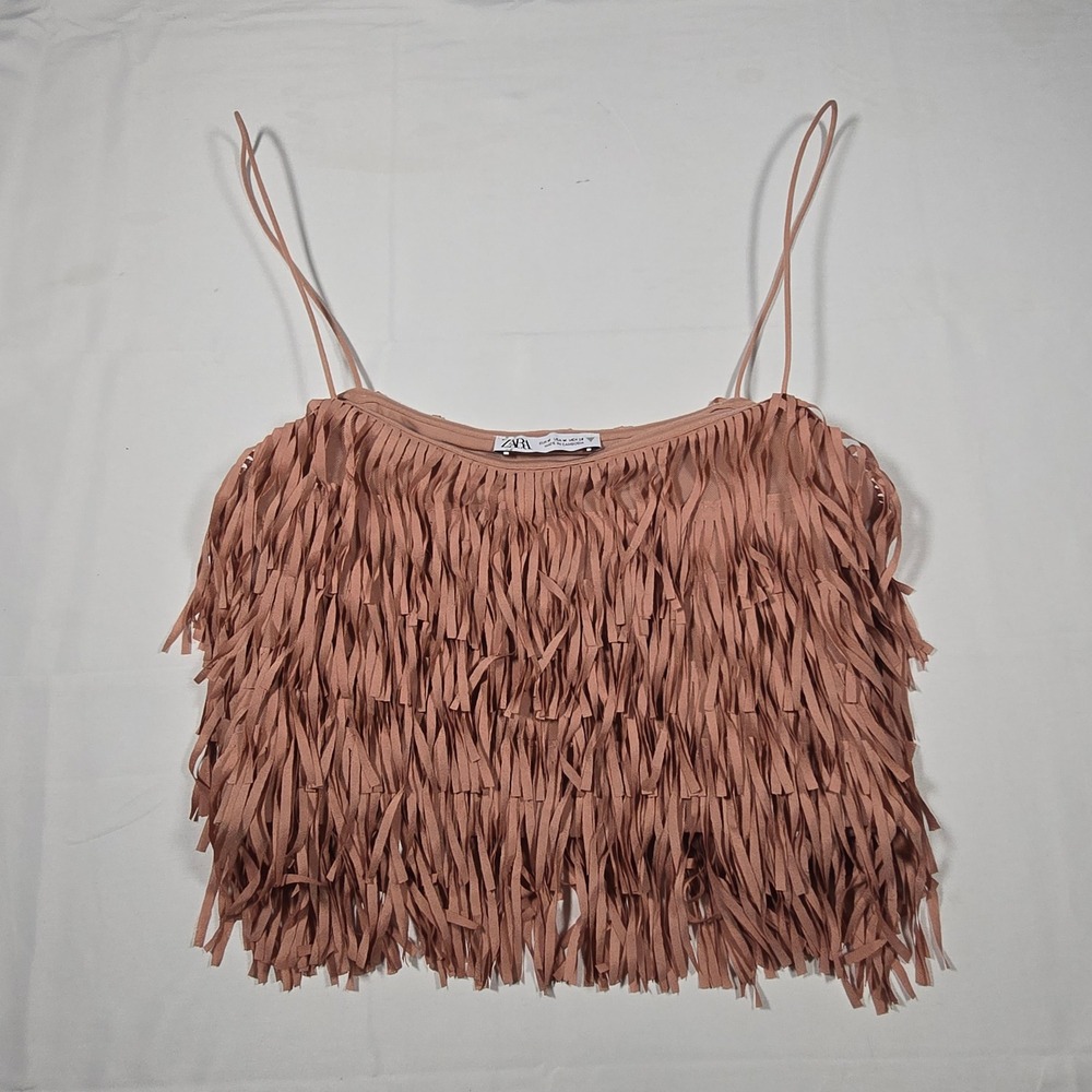 Zara Women Pink Fringe Spaghetti Strap Crop Top Festival Boho Size Medium